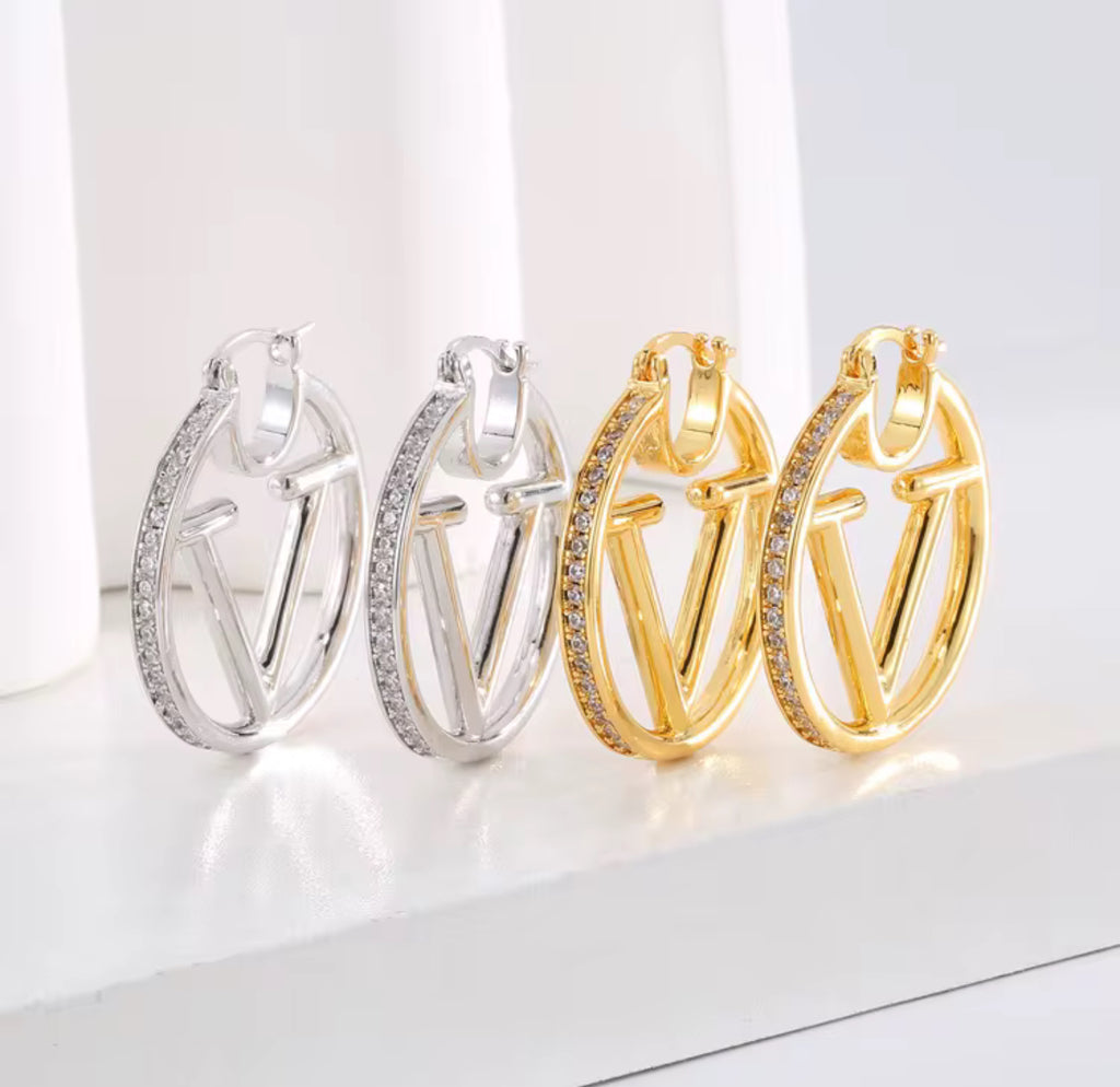 ✨ Initial V Iced Hoop Earrings